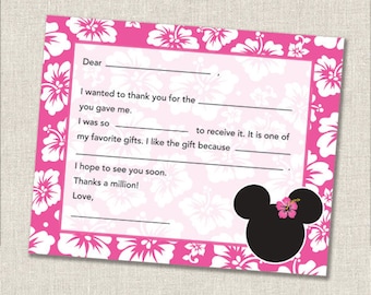 Minnie Mouse Luau Thank You Card, Fill in the Blank, Thank You Card, Printable DIY Instant Download