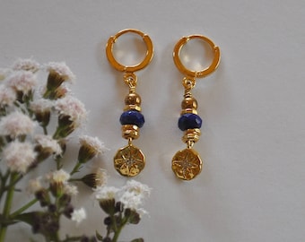 Boucles d'oreilles précieuses, perles or, médailles zircon et pierres fines lapis lazuli facettés : Modèle "Natty"