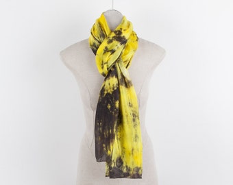 Long Yellow scarf / Oversized silk scarf / large yellow scarf / black yellow silk scarf for women / silk scarf for wife / spring silk scarf