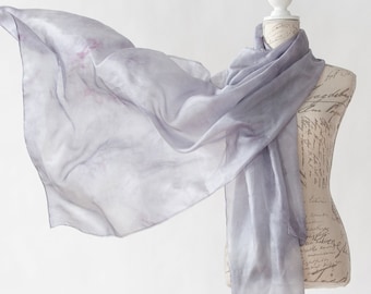 light grey silk scarf, hints of light purple, Oversize grey scarf, gift for her