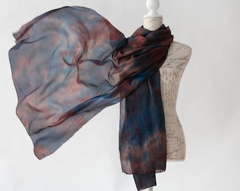 Blue and rust silk scarf / New 2020 collection / Evening chic silk scarf / long purple silk scarf / travel scarf / scarves for women