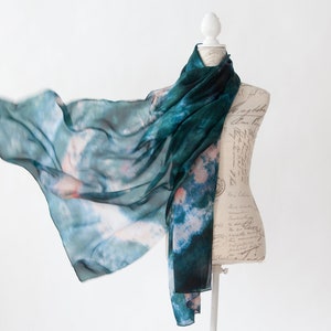 Teal and salmon silk scarf, Blue green silk scarf for her, lightweight scarf image 1