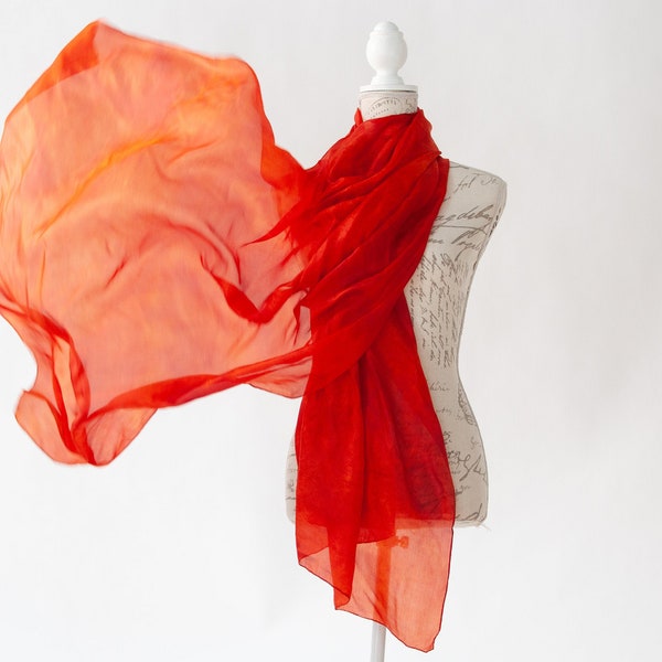 Bufanda de seda naranja intenso / magnífica bufanda de seda roja naranja / gran velo de seda naranja / Teñido a mano / 100% seda habotai / bufandas para mujer