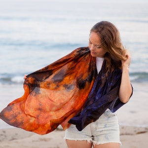 Navy and rust silk scarf for her / Orange and blue silk scarf / scarf for women / large evening silk veil / scarves for women image 1