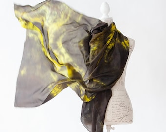 Black and yellow silk scarf / Oversized silk scarf / large yellow scarf / silk scarf for wife / spring silk scarf / 100% silk