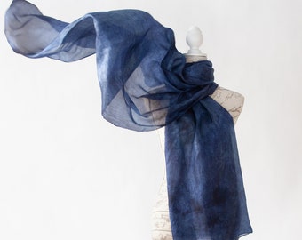 Denim blue silk scarf /  magnificent blue shawl   /  large dark blue silk veil / Hand dyed / 100% habotai silk / scarves for women