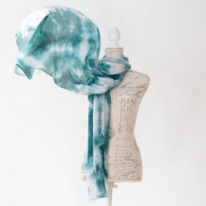 Teal and white scarf, Blue green silk scarf for her, lightweight scarf image 1