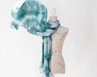 Teal and white scarf, Blue green silk scarf for her, lightweight scarf