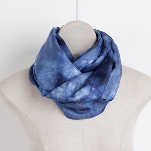 Denim blue infinity silk scarf / Jean blue silk circle scarf/ indigo loop scarf/ Hand dyed / 100% habotai silk / scarves for women image 1