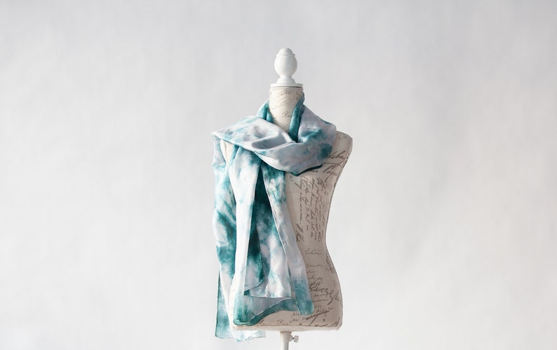 Teal and white scarf, Blue green silk scarf for her, lightweight scarf image 7
