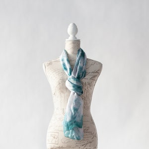 Teal and white scarf, Blue green silk scarf for her, lightweight scarf image 9