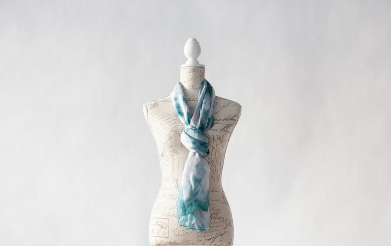 Teal and white scarf, Blue green silk scarf for her, lightweight scarf image 9