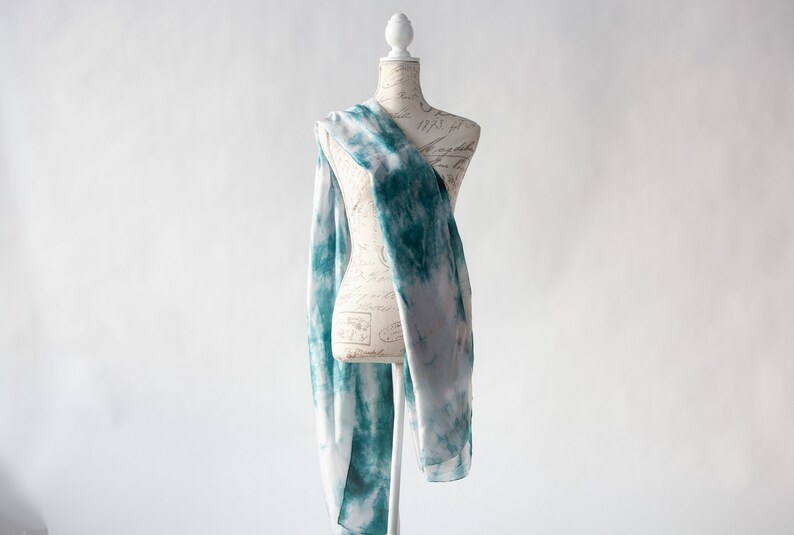 Teal and white scarf, Blue green silk scarf for her, lightweight scarf image 5