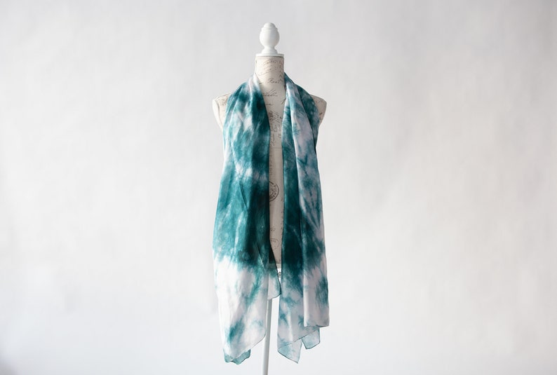 Teal and white scarf, Blue green silk scarf for her, lightweight scarf image 2
