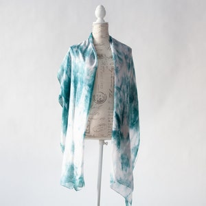 Teal and white scarf, Blue green silk scarf for her, lightweight scarf image 3