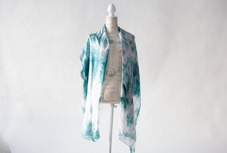 Teal and white scarf, Blue green silk scarf for her, lightweight scarf image 3