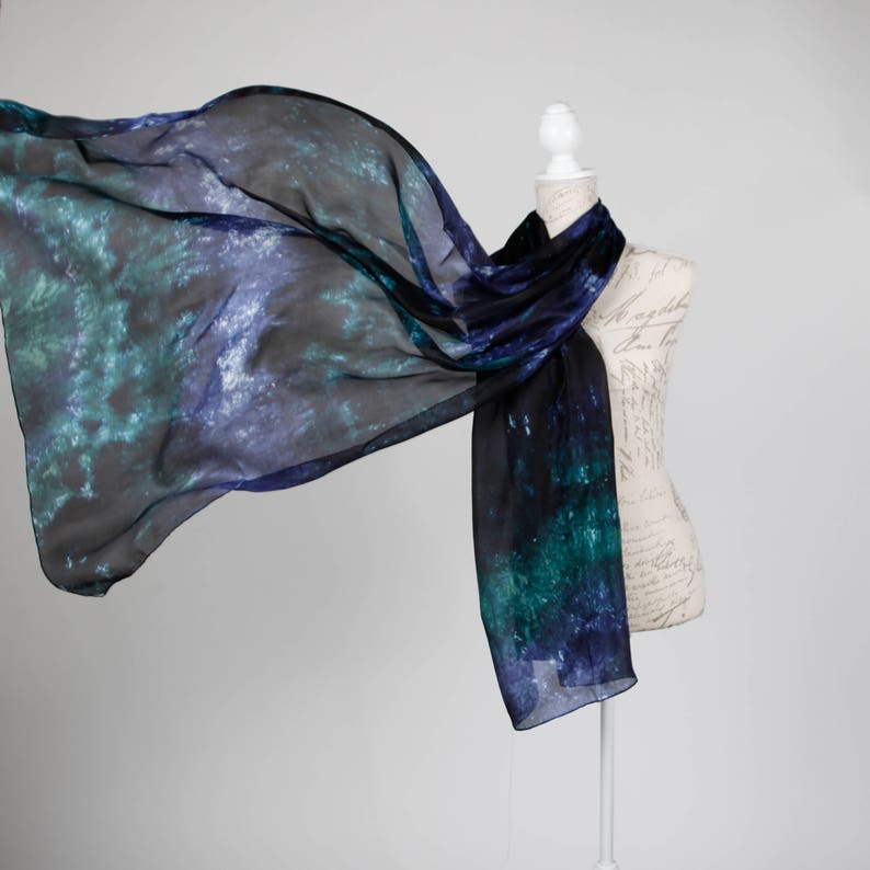 Soft blue green silk scarf / Evening chic silk scarf / boho blue scarf / Blue and emerald silk scarf for women / scarves for women image 1