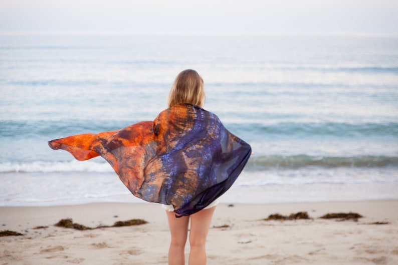 Navy and rust silk scarf for her / Orange and blue silk scarf / scarf for women / large evening silk veil / scarves for women image 5