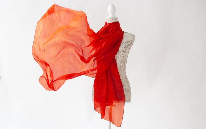 Deep Orange silk scarf / magnificent orange red silk scarf / large orange silk veil / Hand dyed / 100% habotai silk / scarves for women image 1