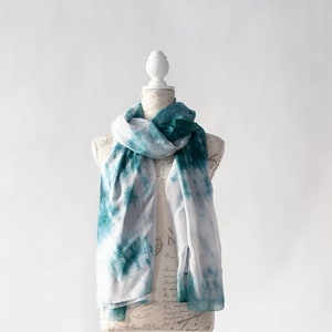 Teal and white scarf, Blue green silk scarf for her, lightweight scarf image 6