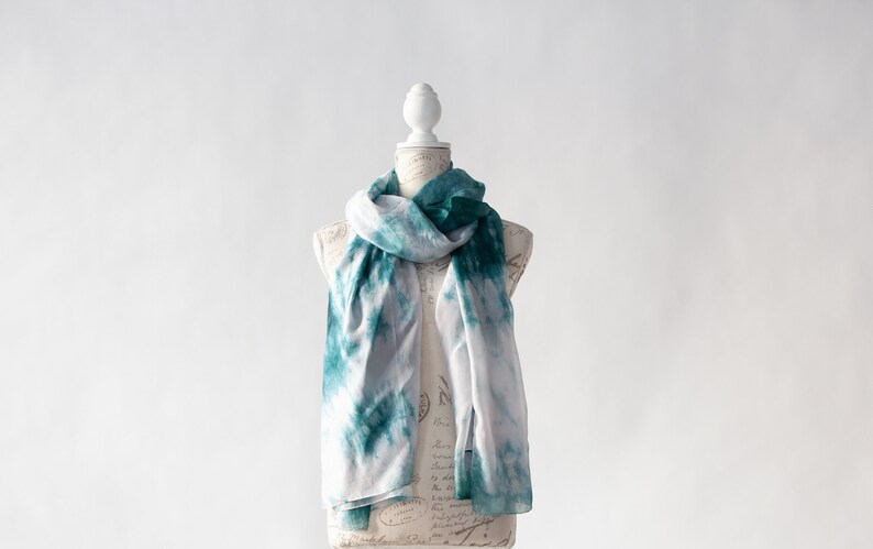 Teal and white scarf, Blue green silk scarf for her, lightweight scarf image 6