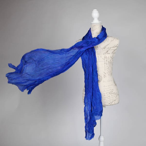 Bright Blue silk scarf / royal blue ruffled silk scarf /  No iron scarf   /  Hand dyed / 100% habotai silk/ Shibori / scarves for women