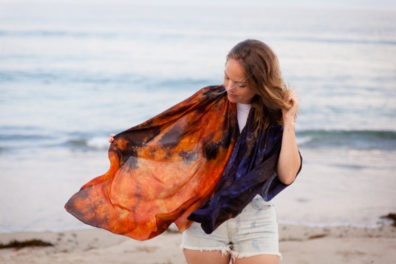 Navy and rust silk scarf for her / Orange and blue silk scarf / scarf for women / large evening silk veil / scarves for women image 1