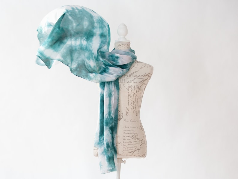 Teal and white scarf, Blue green silk scarf for her, lightweight scarf image 1