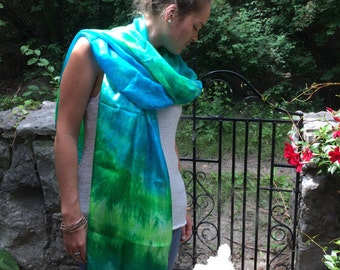 Turquoise and bright green silk scarf /  magnificent light blue and green shawl   /  Hand dyed / 100% habotai silk / scarves for women