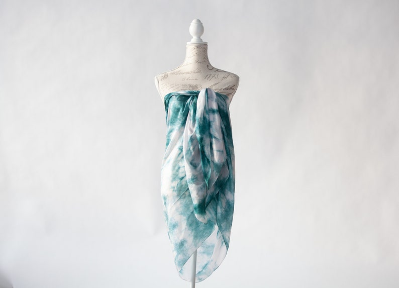 Teal and white scarf, Blue green silk scarf for her, lightweight scarf image 10