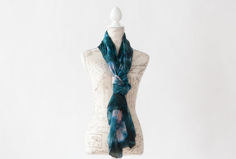 Teal and salmon silk scarf, Blue green silk scarf for her, lightweight scarf image 8