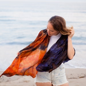 Navy and rust silk scarf for her / Orange and blue silk scarf / scarf for women / large evening silk veil / scarves for women image 10