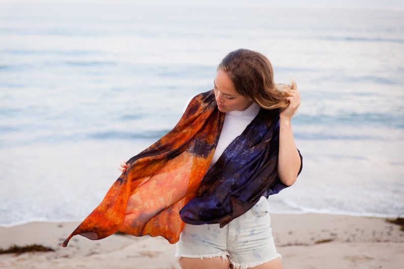 Navy and rust silk scarf for her / Orange and blue silk scarf / scarf for women / large evening silk veil / scarves for women image 10