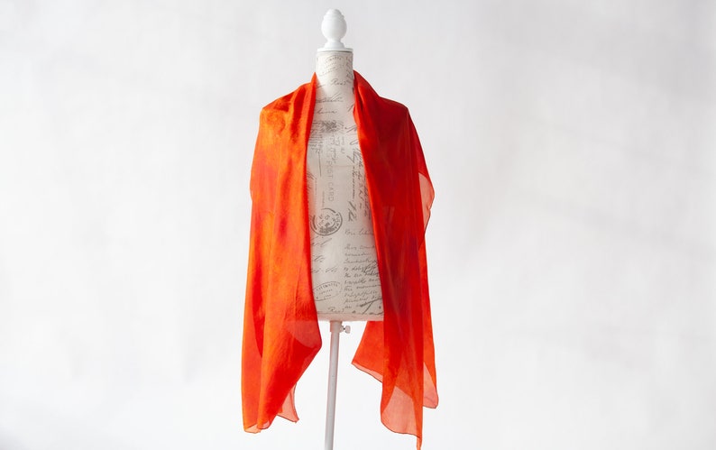 Deep Orange silk scarf / magnificent orange red silk scarf / large orange silk veil / Hand dyed / 100% habotai silk / scarves for women image 3