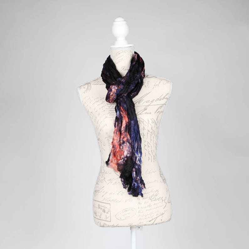 boho ruffled scarf / Ruffled silk scarf art / scarf girlfriend gift / travel scarf / Blue and pink long silk scarf / no iron scarf image 8