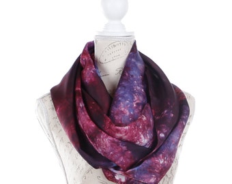 purple infinity scarf, marbled wine and blue silk scarf, gift for mom