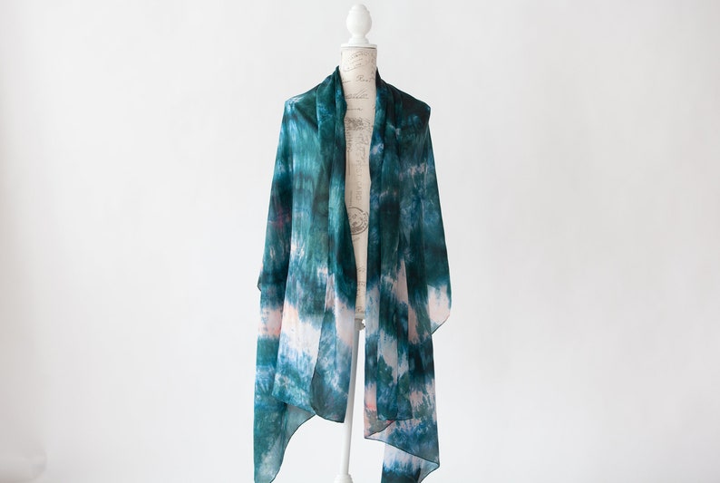 Teal and salmon silk scarf, Blue green silk scarf for her, lightweight scarf image 3