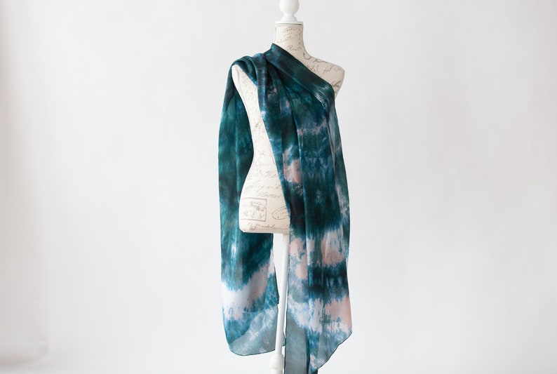 Teal and salmon silk scarf, Blue green silk scarf for her, lightweight scarf image 5