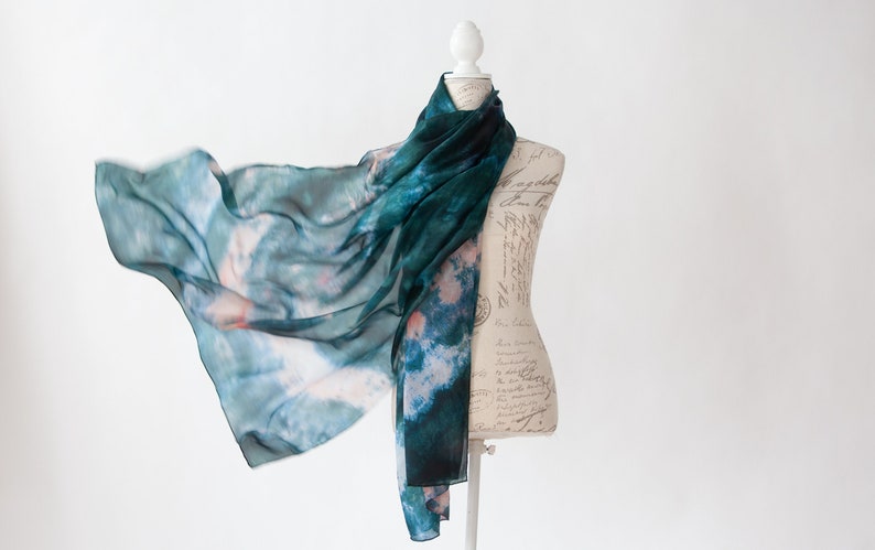 Teal and salmon silk scarf, Blue green silk scarf for her, lightweight scarf image 1
