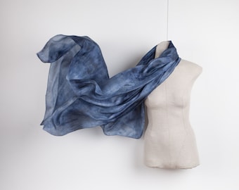 Long blue silk scarf, extra long scarf, boho scarf, lightweight scarf