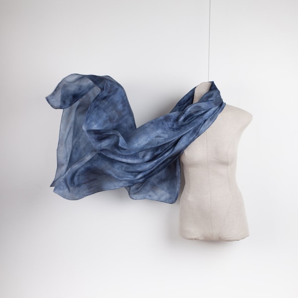 Long blue silk scarf, extra long scarf, boho scarf, lightweight scarf