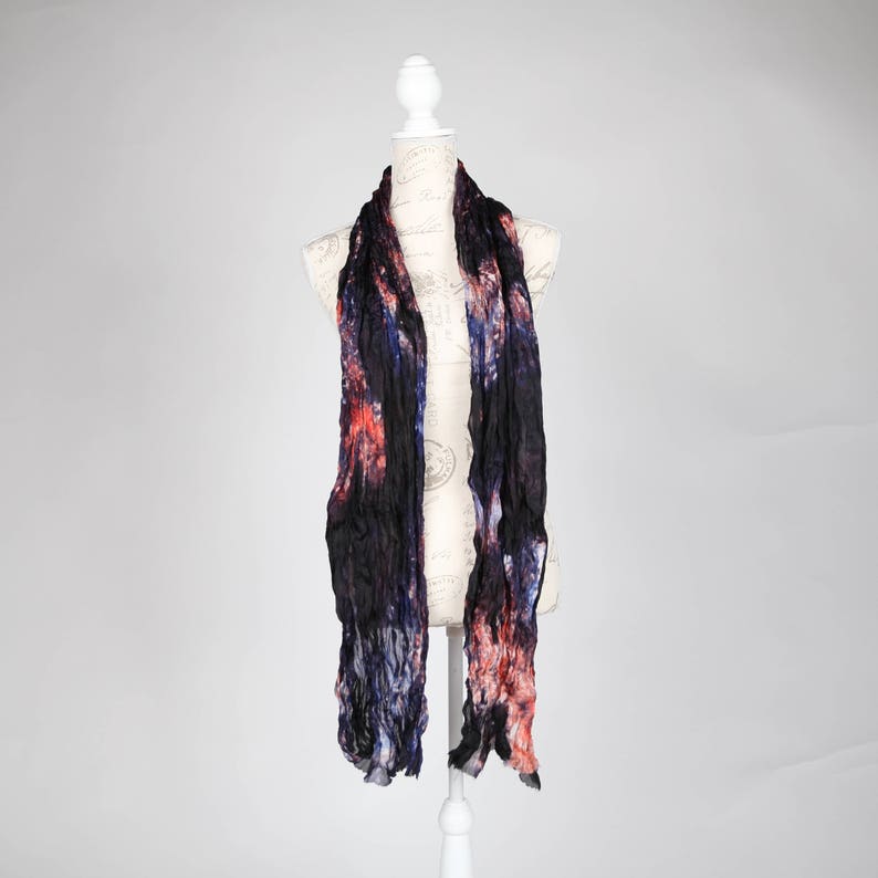 boho ruffled scarf / Ruffled silk scarf art / scarf girlfriend gift / travel scarf / Blue and pink long silk scarf / no iron scarf image 9
