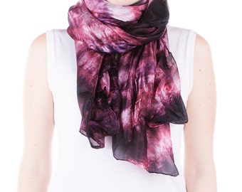 Purple tie dye silk scarf /  aubergine silk shawl   /  large purple silk veil / Hand dyed / 100% habotai silk / scarves for women