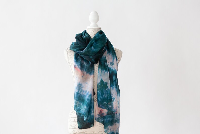 Teal and salmon silk scarf, Blue green silk scarf for her, lightweight scarf image 6