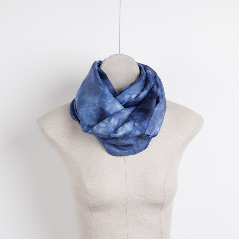 Denim blue infinity silk scarf / Jean blue silk circle scarf/ indigo loop scarf/ Hand dyed / 100% habotai silk / scarves for women image 1