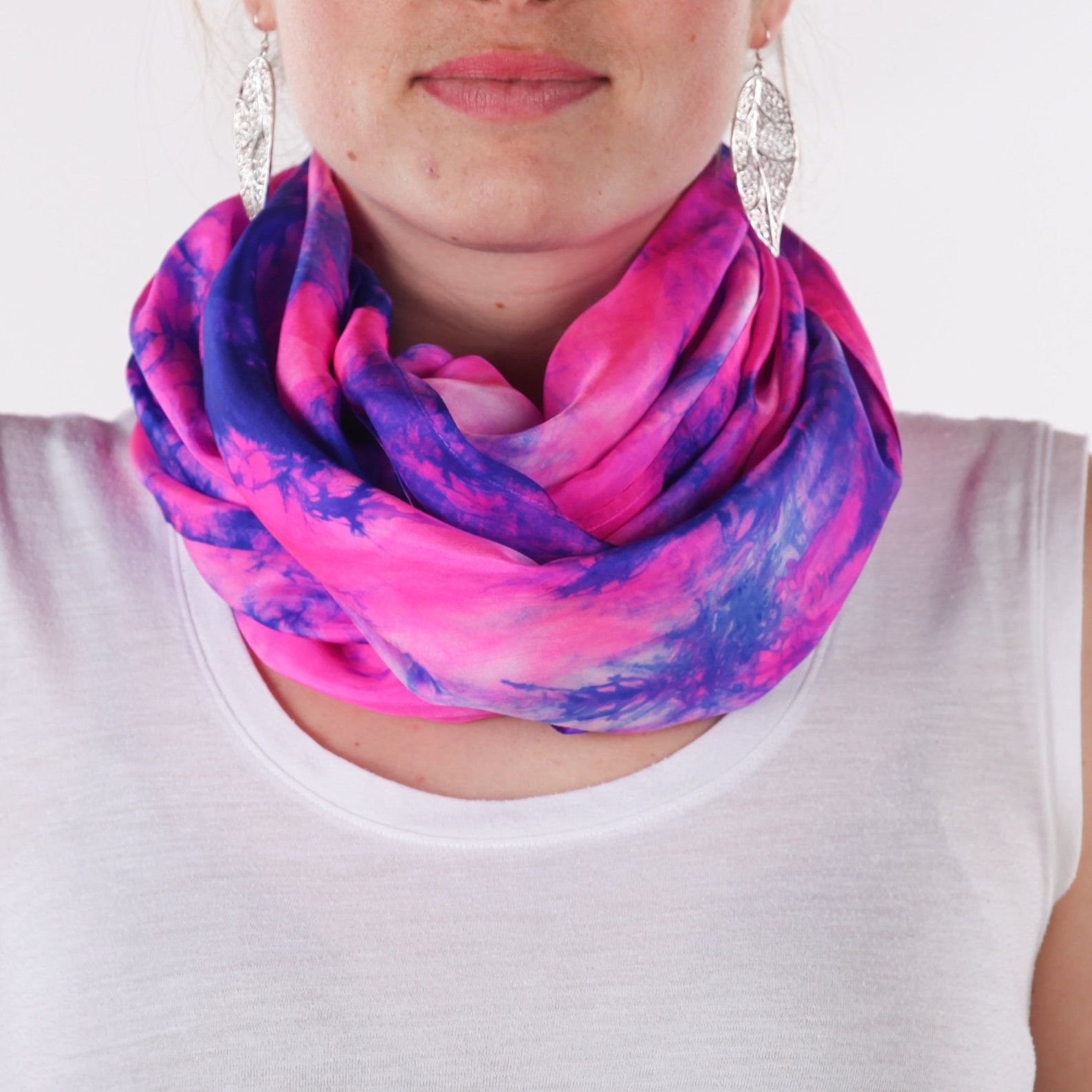 Boho Circle Scarf / Trendy Loop Scarf / Infinity Pink and Blue Silk Scarf / Silk Circle Scarf