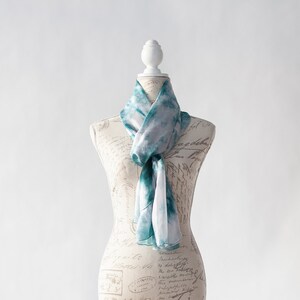 Teal and white scarf, Blue green silk scarf for her, lightweight scarf image 8