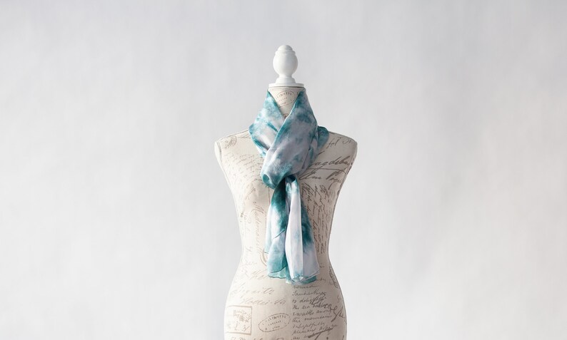 Teal and white scarf, Blue green silk scarf for her, lightweight scarf image 8