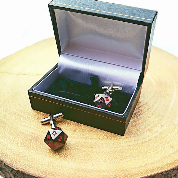 Metal D20 cufflinks in presentation gift box. Miniature dice