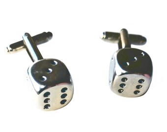 Metal D6 cufflinks in presentation gift box. Miniature dice